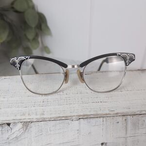 Vintage Cat Eye Glasses Frames Only 1/10 12K Gold-Filled Black Metal US Optical